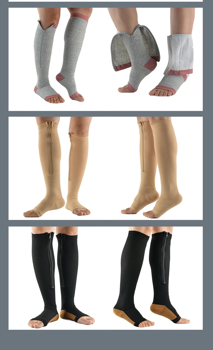 Knee-High Zipper Compression Socks – Open Toe Support for Men & Women