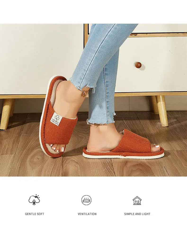 Breathable Linen Home Slippers – Open-Toe Indoor Shoes for Men & Women