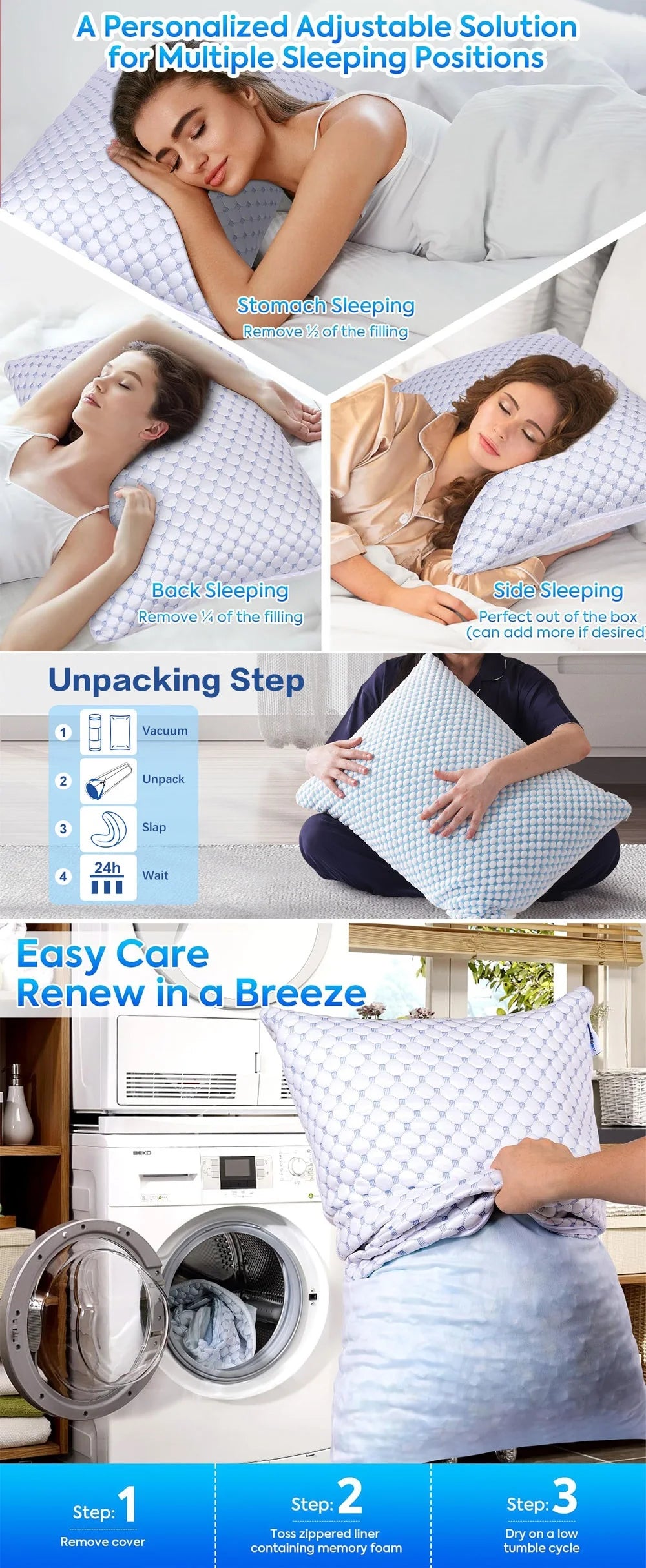 Cooling Memory Foam Pillow with Zipper – Adjustable Firmness Dual-Sided Design