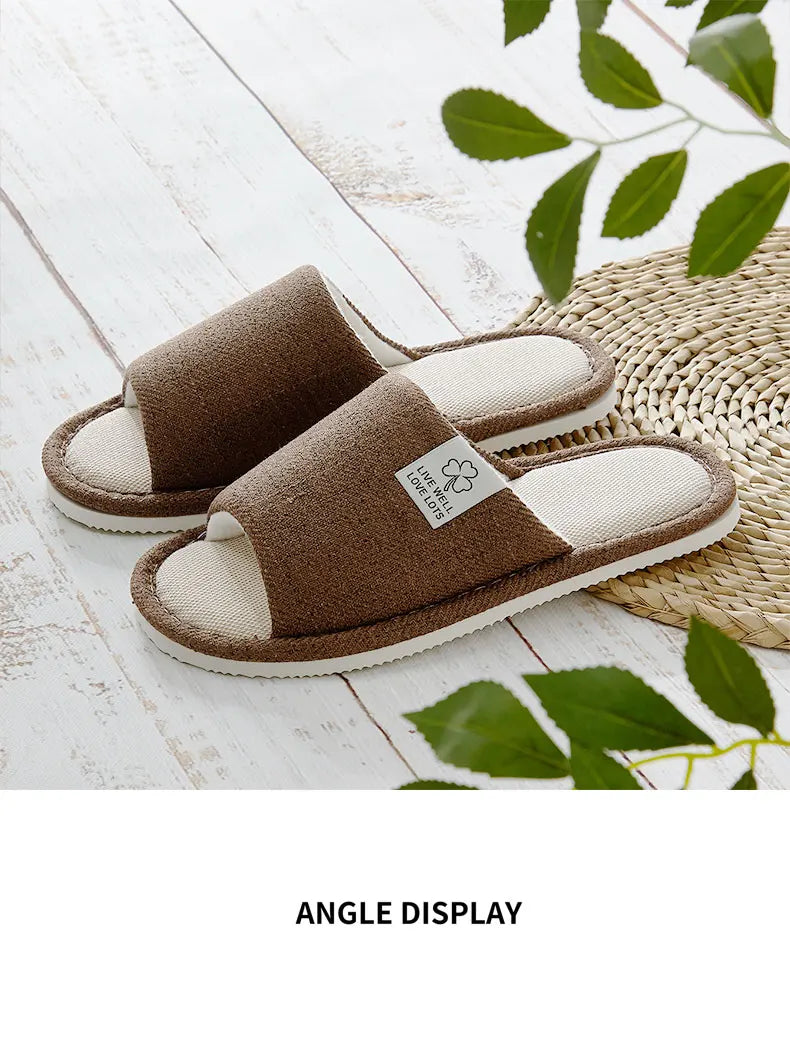 Breathable Linen Home Slippers – Open-Toe Indoor Shoes for Men & Women