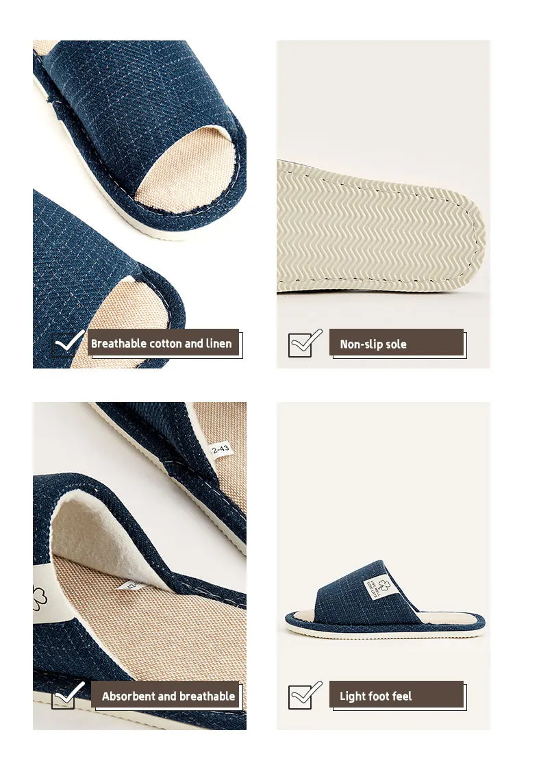 Breathable Linen Home Slippers – Open-Toe Indoor Shoes for Men & Women