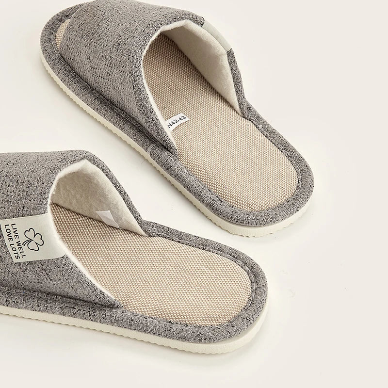 Breathable Linen Home Slippers – Open-Toe Indoor Shoes for Men & Women