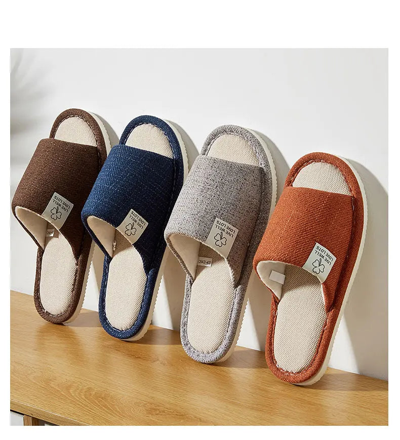 Breathable Linen Home Slippers – Open-Toe Indoor Shoes for Men & Women