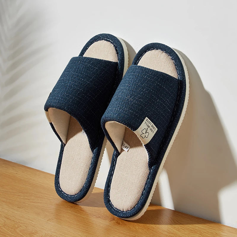 Breathable Linen Home Slippers – Open-Toe Indoor Shoes for Men & Women