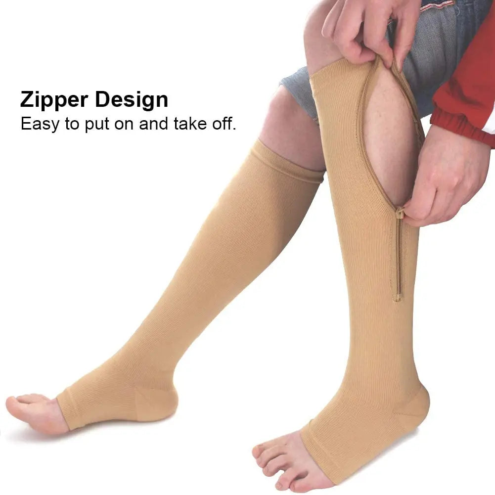 Knee-High Zipper Compression Socks – Open Toe Support for Men & Women
