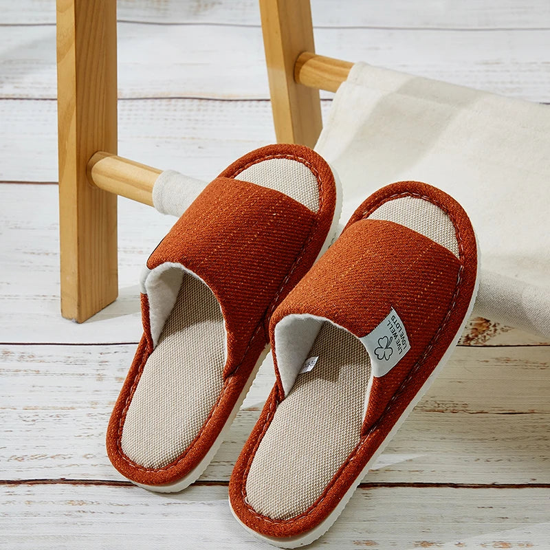 Breathable Linen Home Slippers – Open-Toe Indoor Shoes for Men & Women