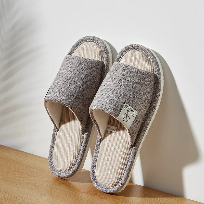 Breathable Linen Home Slippers – Open-Toe Indoor Shoes for Men & Women