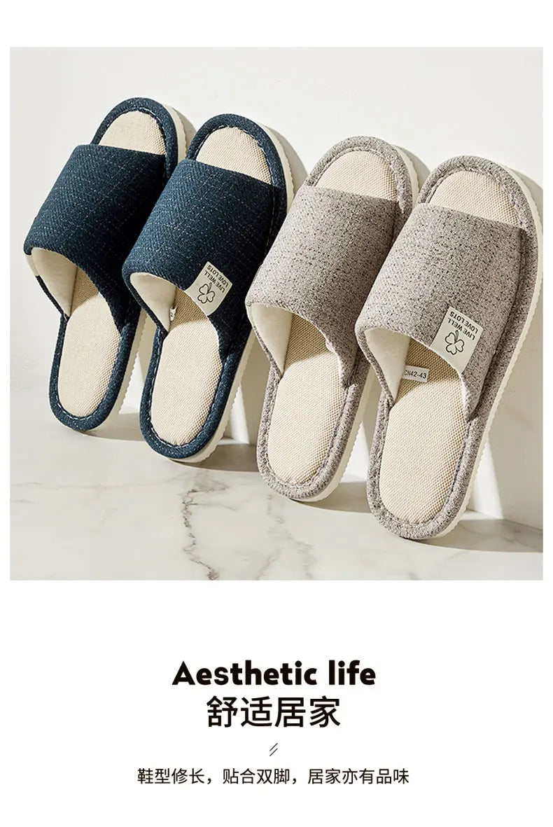 Breathable Linen Home Slippers – Open-Toe Indoor Shoes for Men & Women