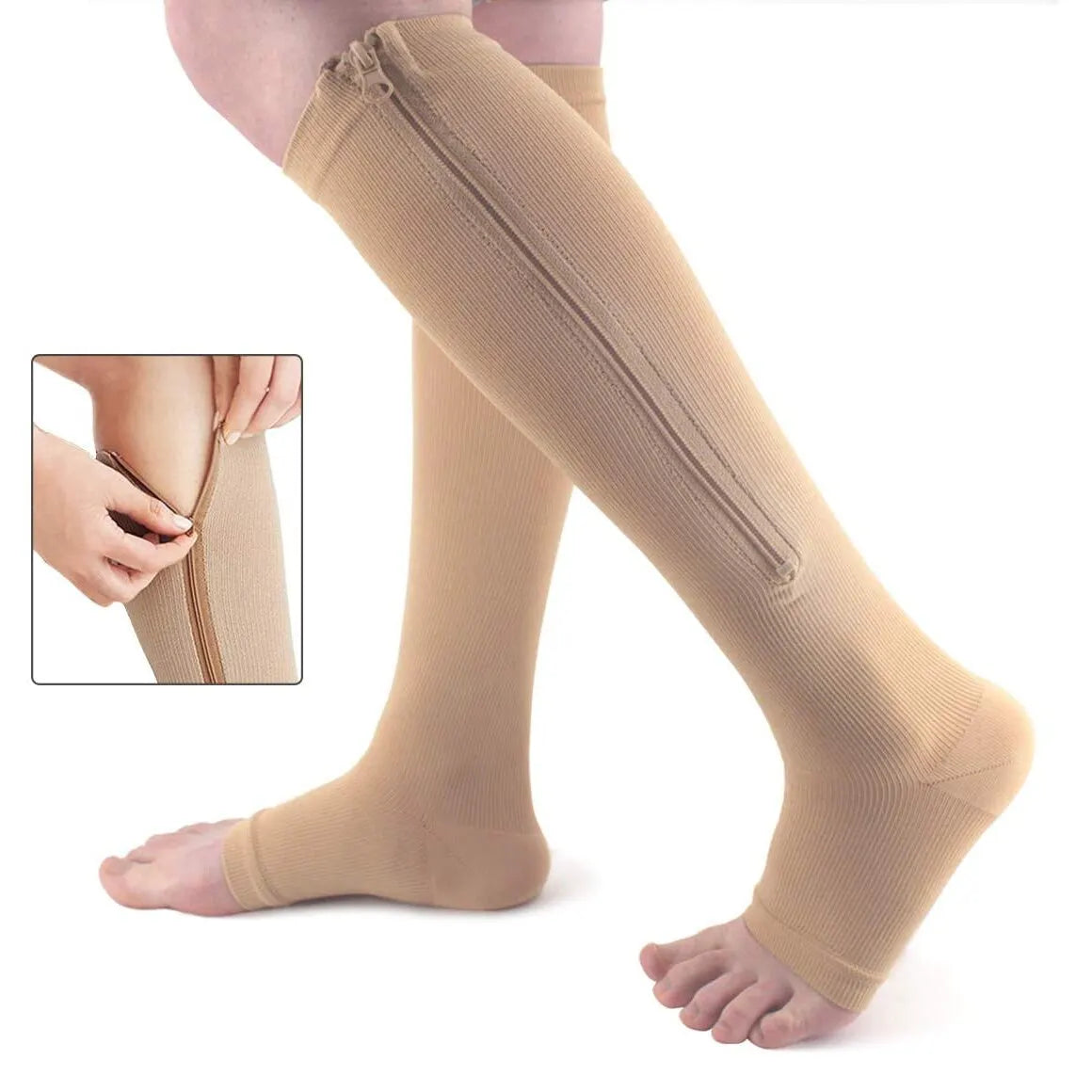 Knee-High Zipper Compression Socks – Open Toe Support for Men & Women